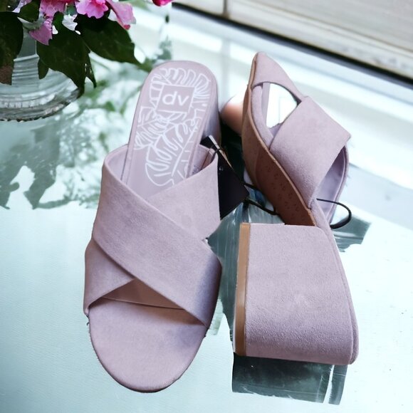 Dolce Vita Lilac Ashli Faux Suede Cross Band Block Heel Mules Sandals  Size 9.5 - Picture 1 of 12